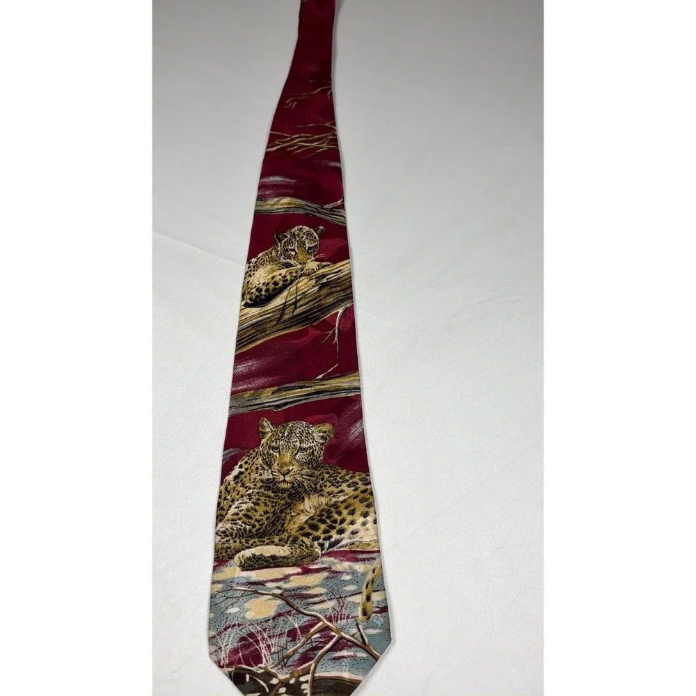 Endangered Species Mens Silk Tie Leopard Print Burgundy Red Made in USA 90's